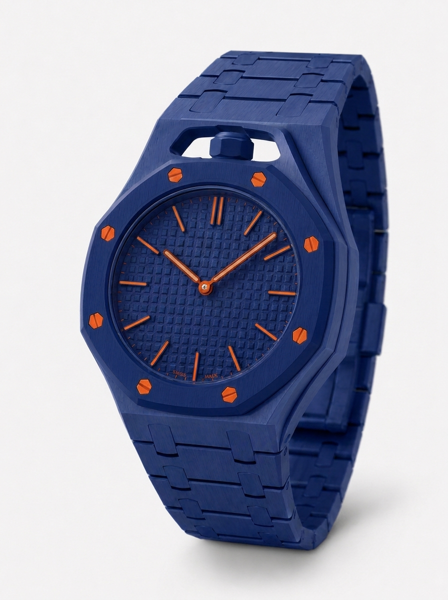 PopStrap Orange Hit — orologio blu profondo con accenti arancio