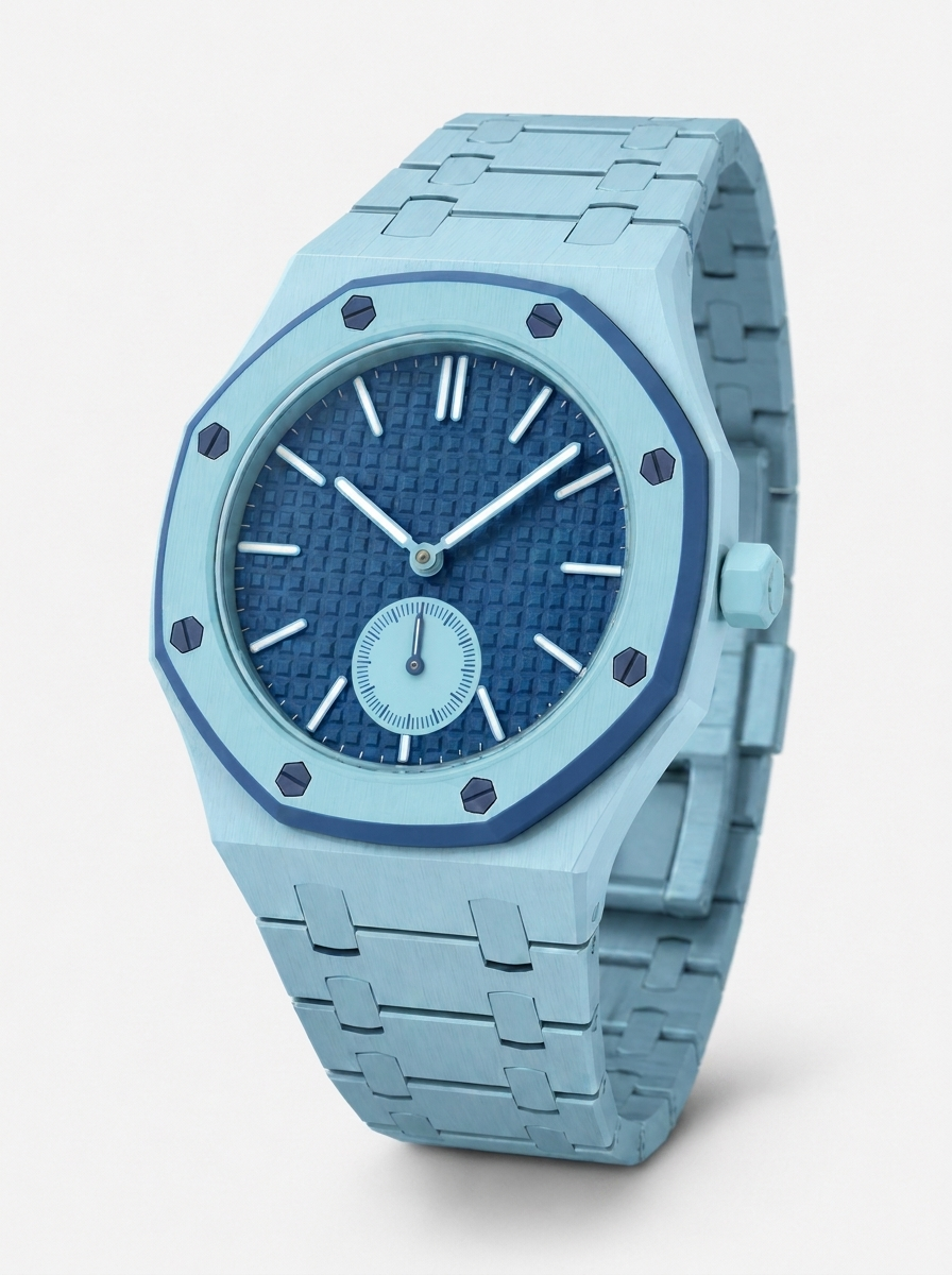 PopStrap Ice Blue — esempio di scocca: cassa ottagonale, ghiera azzurra e bracciale integrato