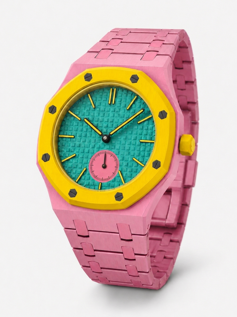 PopStrap Pink Shock — orologio con scocca rosa, ghiera gialla e dial teal